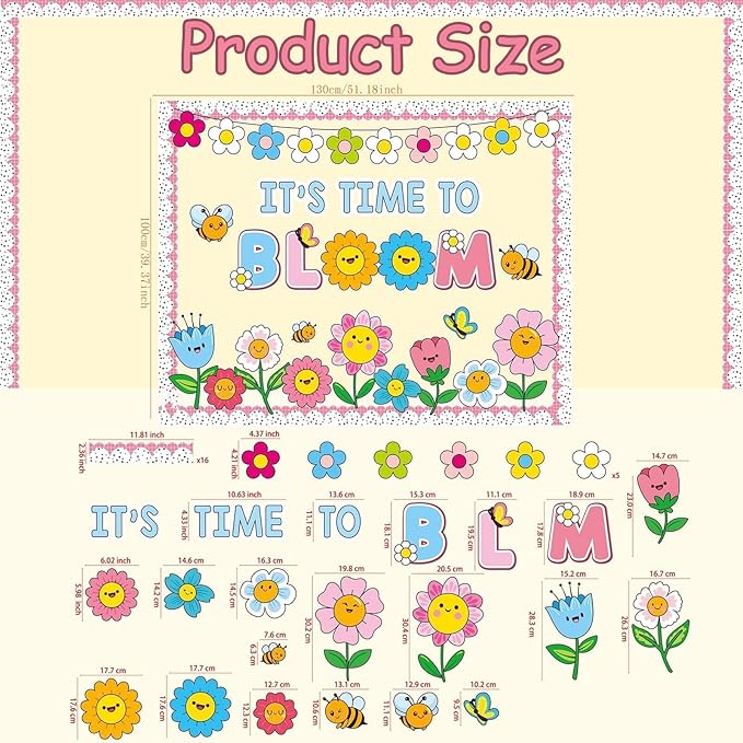 Spring Floral Bulletin Board Decorations Set with Borders Motivational Bloom Flowers Classroom Decor for Teachers Cute Wildflowers Positivity Cutouts for Class School Classroom Bulletin Board Decorati