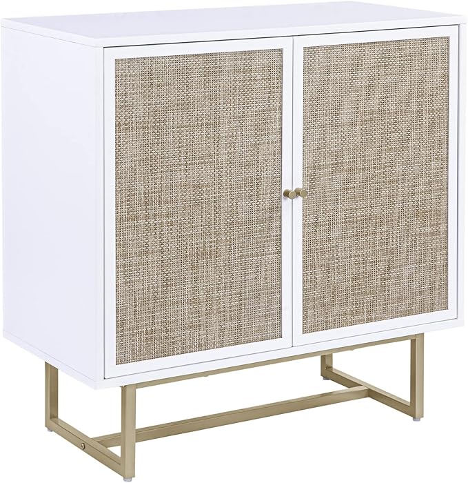 Nathan James Kova Rattan Wood Accent Natural Sideboard Storage Cabinet TV Stand with Matte Metal Frame, Adjustable Shelves and Cane Doors, for Hallway, or Living Room, White/Cane/Brass, Set of 2