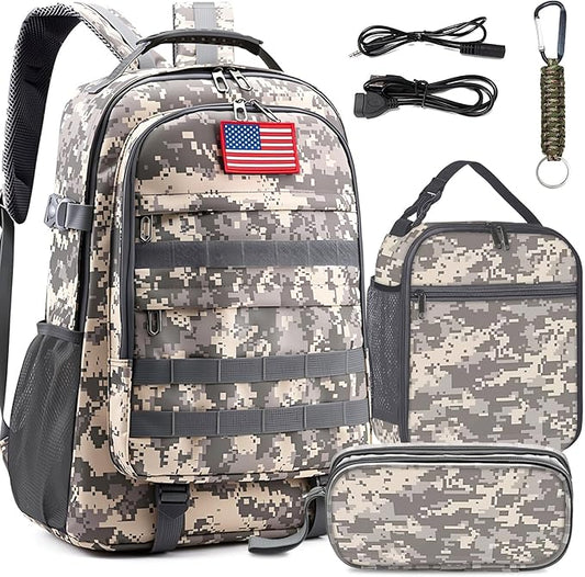 School Backpack for Boys - 4pcs Camo Boys Backpack with Lunch Box Set for Kids Teens Elementary Middle School - 18″ Camouflage Bookbag with Usb Charging Port