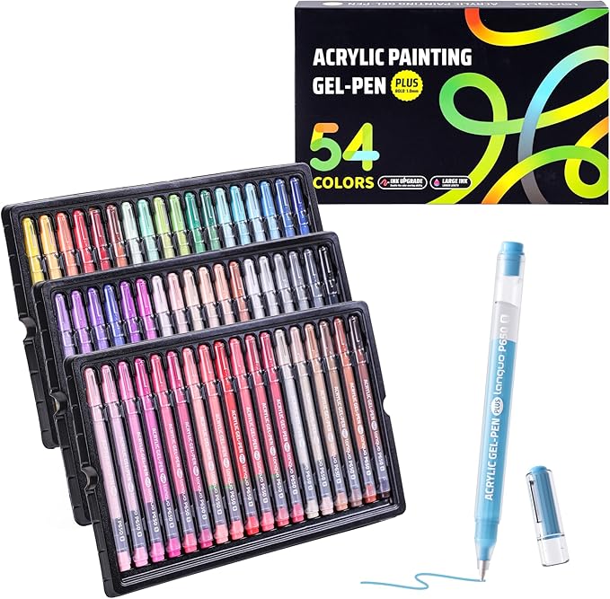 Acrylic Painting Gel Pens 54 Colors with 1mm Bullet Tip, Color Gel Pens for Adult Drawing, Coloring, Sketching, Journaling, DIY, Acrylic Ink Pen for Black Paper, Rock, Glass, School and Art Supplies