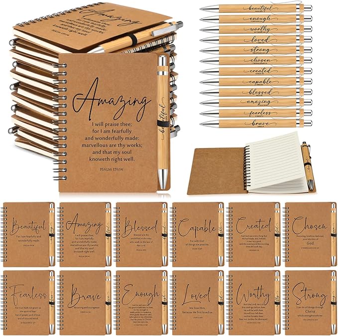 Kosiz 12 Sets Christian Gifts Bulk Inspirational Bible Verse Spiral Notebook and Religious Bamboo Ballpoint Pen Journal with Scripture for Easter Church Member First Communion Teacher Holy Week (Brown)