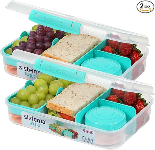 Sistema TO GO Bento Box Create 1.48 L School Lunch Boxes With Compartments & Snack Pot BPA-Free 2 Count Minty Teal
