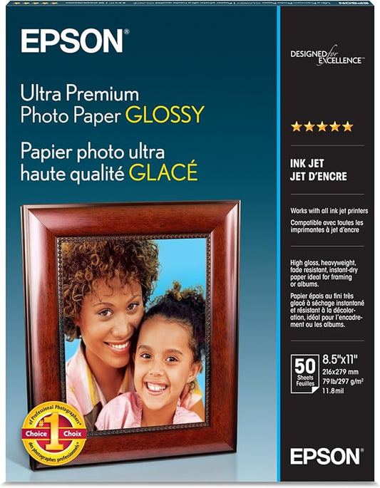 Epson Ultra Premium Photo Paper GLOSSY (8.5x11 Inches, 50 Sheets) (S042175),White