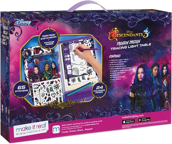 Make It Real Disney Descendants 3 Fashion Design Tracing Light Table for Girls - 9-Piece Set with Sketchbook, Stickers, Tracing Pages, Light-Up Table - Creative Drawing Kit, Ages 8+