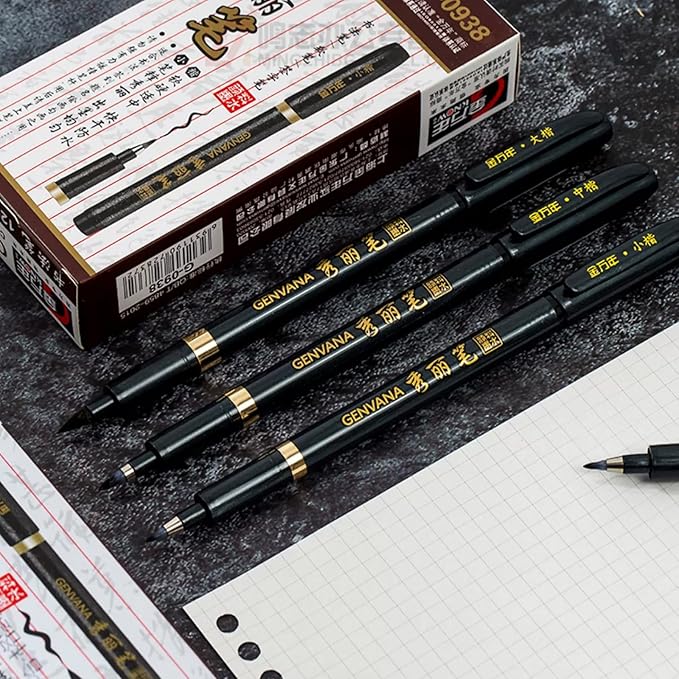 Maxmartt 3 Pcs Ink Pen Artist 3 Size Calligraphy Pen for Writing Drawing Chinese Japanese Calligraphy Shodo Brush Ink Pen Fineliner Pens Calligraphy Set for Beginners