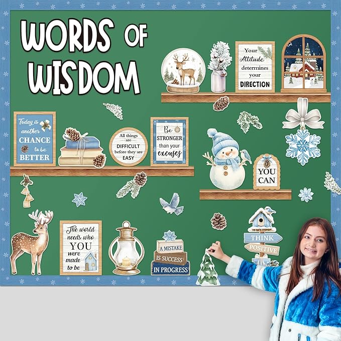 57 Pcs Christmas Winter Bulletin Board Set Inspirational Classroom Decoration Watercolor Snowflake Snowman Cutout for Holiday School Chalkboard Door Wall Decor