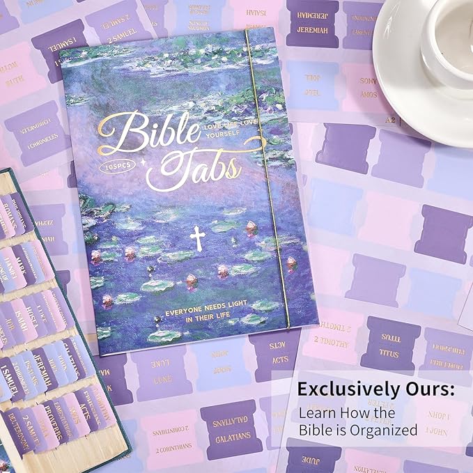 Bible Tabs, 66 Gold Foil Lettering Chapter Labels + 39 Blank Water Lilies Theme Laminated Index Tabs with Alignment Ruler, Bible Journaling Study Supplies for Women & Men, Bible Sticker Accessories