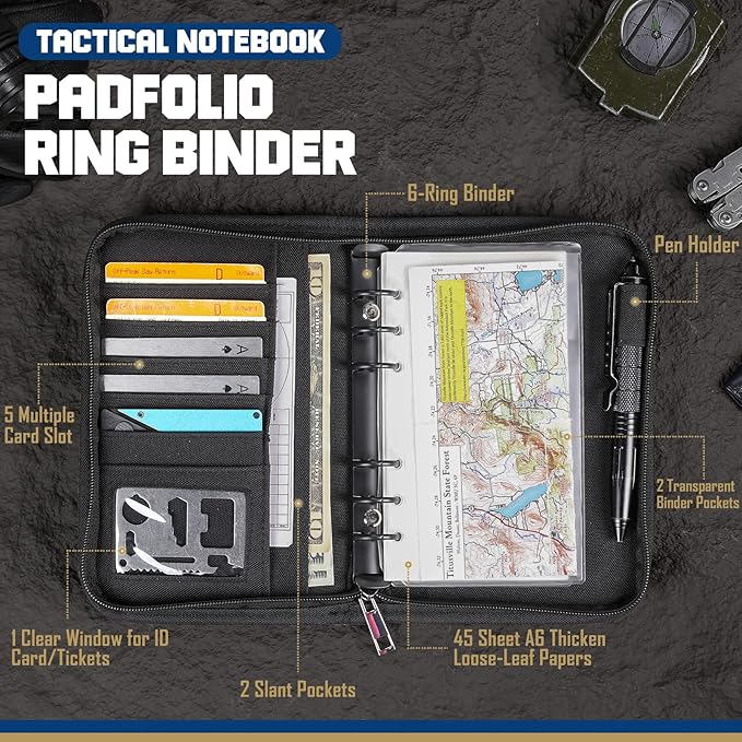 WYNEX Tactical Notebook Padfolio Ring Binder - Refillable 6-Ring A6 Binder, Zip Hardcover Notebook with 45 Pages, Water-Resistant Notebook Cover for Planners, College, Office, Field, Gift