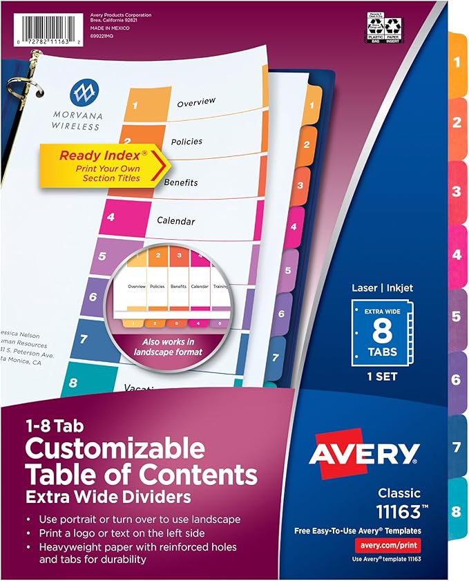 Avery Extra-Wide Dividers for 3 Ring Binders, 8 Tabs per Set, Customizable Table of Contents, Multicolor Tabs, Works Great with Sheet Protectors (11163)