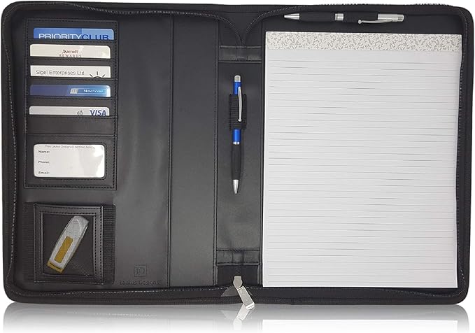 Customized Leather Padfolio - Name/Logo Printed on Lean Black Faux Leather Business Portfolio File Organizer & Binder for Men or Women. Includes 8.5x11 Notepad & Premium Gift Box.