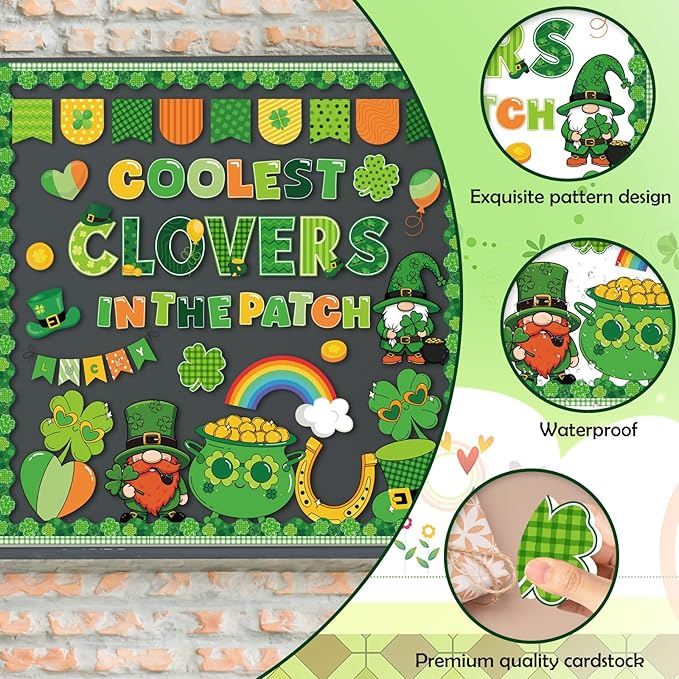 St. Patricks Bulletin Board Decorations - Irish Classroom Decorations, Shamrock Gold Coin Gnome Green Lucky Clover Paper Cutouts Set for School Chalkboard Office Wall Decor