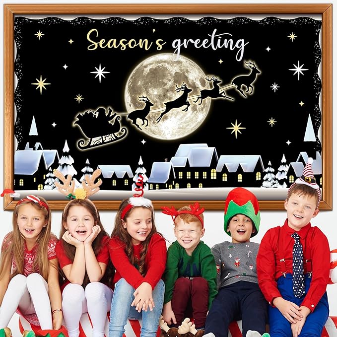 Christmas Bulletin Board Decorations Set Winter Snowy Classroom Cutouts Christmas Season Greeting Bulletin Board Decor for Xmas Party School Classroom Chalkboard Wall Favor