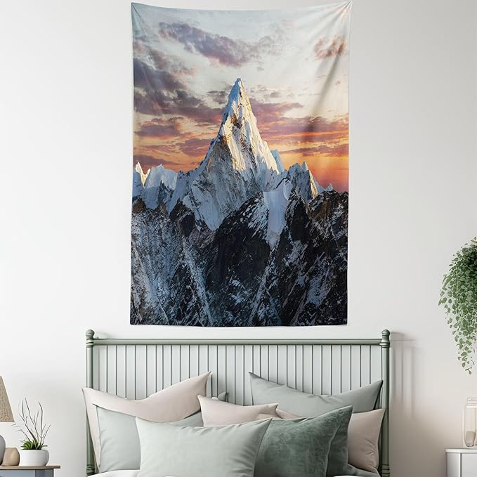 Ambesonne Mountain Tapestry, Evening South High Hill Above the Sky Colorful Nepal Everest Photo, Fabric Wall Hanging Decor for Bedroom Living Room Dorm, 23" X 28", Bluegrey Salmon