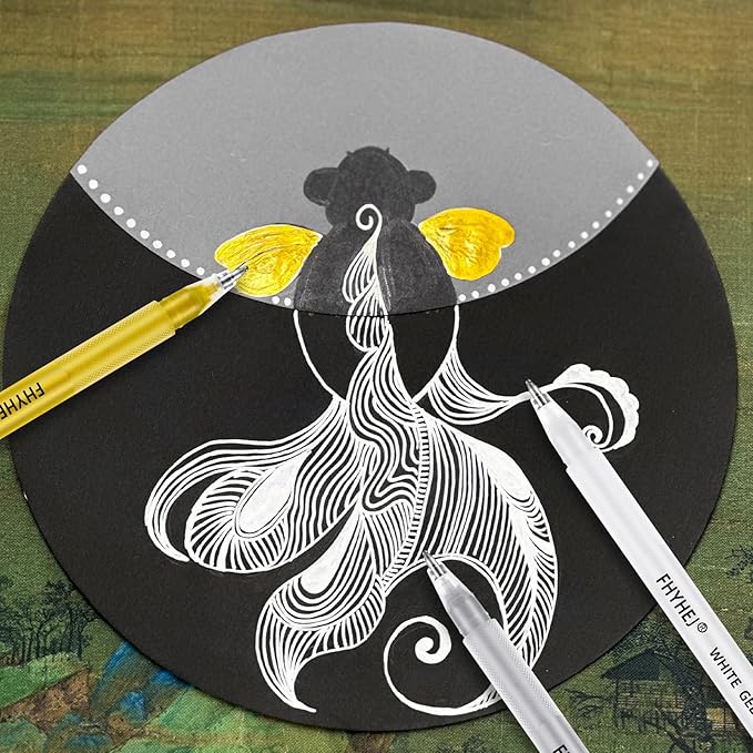 Fhyhej Gold Silver White Gel Pens,1.0mm Fine Point Gel Ink Pen Archival Ink Pens for Black Paper Drawing, Sketching, Illustration, Card Making, Bullet Journaling, 6 Pack