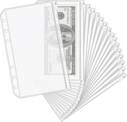KTRIO 16PCS A6 Binder Pockets 6 Holes Cash Envelopes for Budgeting, Clear Zipper Pouch Folders A6 Planner Inserts, Waterproof PVC Loose Leaf Filing Bags Plastic Money Coupon Sticky Notes Organizer