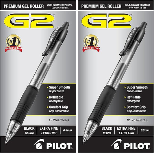 PILOT G2 Premium Gel Roller Pens,Extra Fine Point 0.5 mm,Gel Pens Black Ink,- Ideal for School,Journaling & Office Writing,12 Count (Pack of 2)