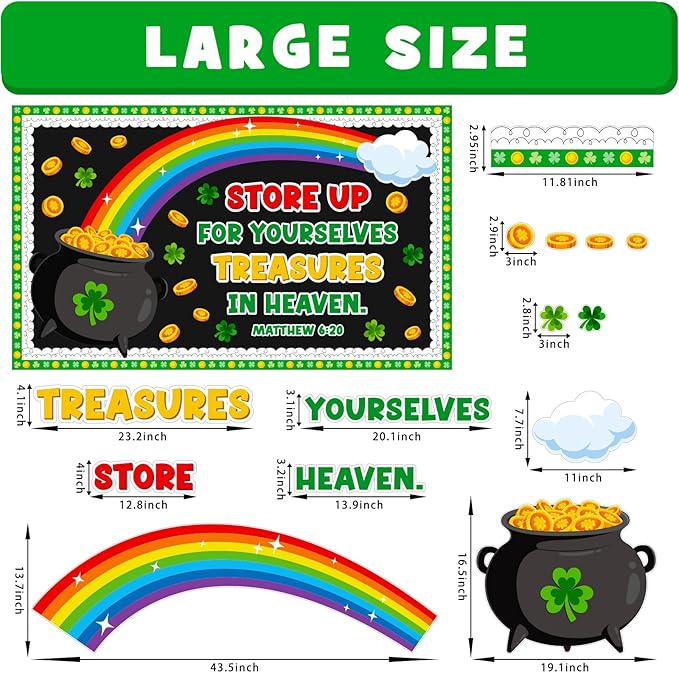 St. Patrick's Day Bulletin Board Decoration Set, March Religious Classroom Decorations Lucky Charms Shamrock Rainbow Pot of Gold Cutouts Irish Holiday Library School Home Window Door Decor for Teacher