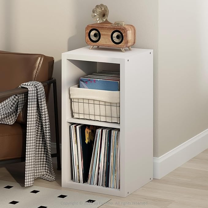 Furinno Cubicle Record Player Stand with Vinyl Storage, 2-Cube 1.2 Extra Thick Vinyl Record Storage, Open Back Media Shelf for CD DVD Blueray Game Disc, for Living Room, Home Office, White