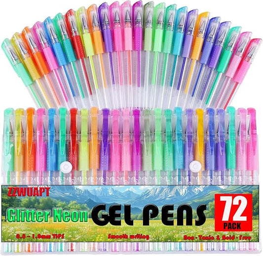 72 Pack Glitter Neon Gel Pens, 24 Glitter Neon Tone Gel Pens with 48 Refills,40% More Ink Colored Gel Pens for Adults Coloring Drawing Doodling Scrapbook Journaling