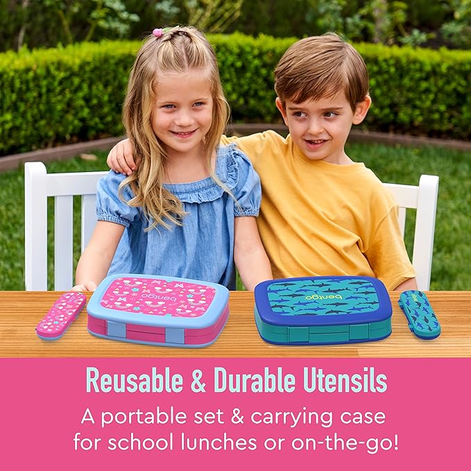 Bentgo® Kids Prints 5-Compartment Bento-Style Kids Lunch Box Set with Reusable Plastic Utensils (Rainbows and Butterflies)