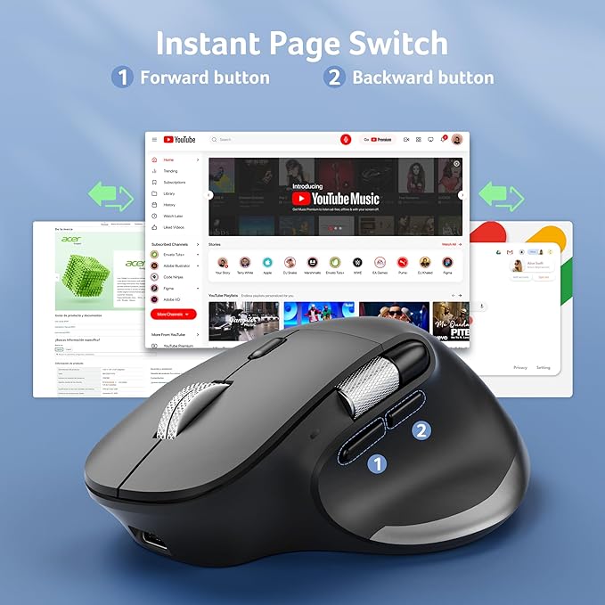 acer Ergonomic Mouse Wireless Rechargeable with Side Scroll (BT5.2+2.4GHz), Bluetooth Computer Mouse for Laptop, Medium to Large Sized Hands, Office USB Mice, 8 Buttons, 4800 DPI for PC, Desktop