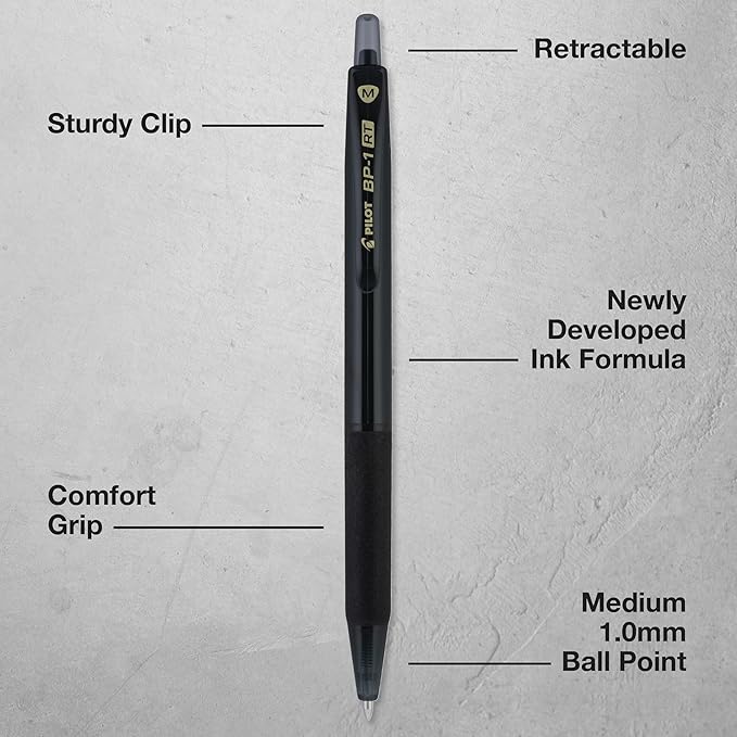 Pilot BP-1RT Advanced Ink, Retractable Ballpoint Black Ink Pens, Medium Point, Dozen Box, 1mm