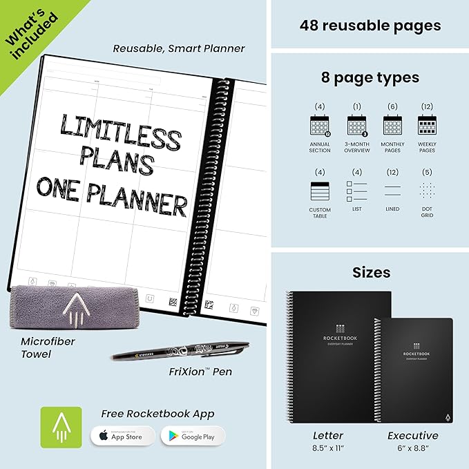 Rocketbook Smart Reusable Everyday Planner, Undated Weekly, Monthly, Annually, For Scheduling, Executive Size, 6x8.8, Maroon