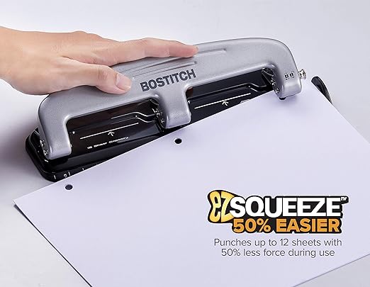 Bostitch EZ Squeeze™ Three-Hole Punch, 12-Sheet Capacity (2100)