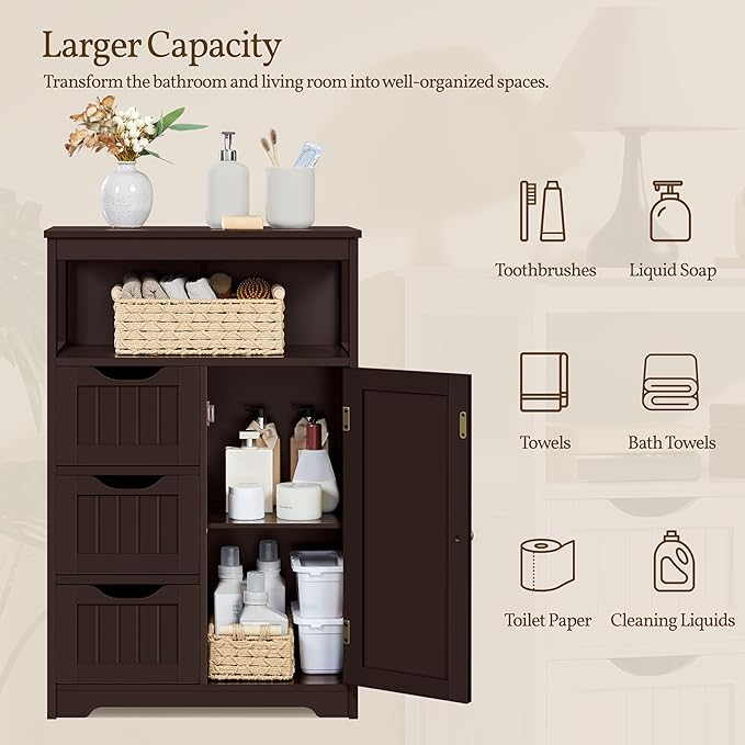 Yaheetech Wood Bathroom Floor Cabinet with 3 Drawers &1 Cupboard, Free Standing Storage Organizer Hallway Entryway Cabinet for Living Room Kitchen, Espresso