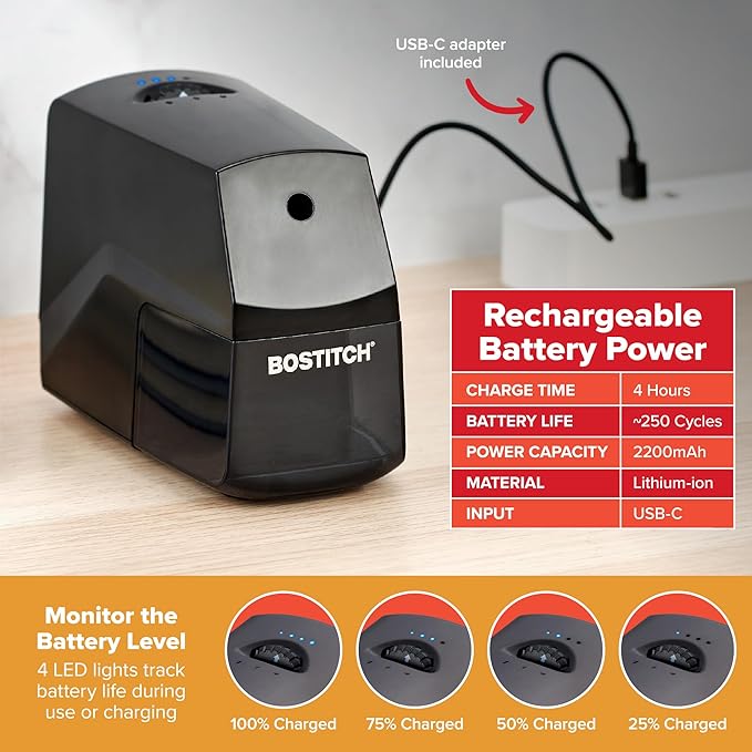 Bostitch Portable Rechargeable Battery Vertical Pencil Sharpener Helical Blade for No.2/Colored Pencils, Black