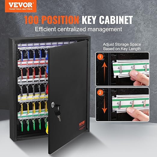 VEVOR 100-Key Cabinet, Key Lock Box with Adjustable Racks, Security Key Storage Box Steel, Key Organizer with 100 Colorful Key Tags and 2 Record Cards for School, Office, Hotel