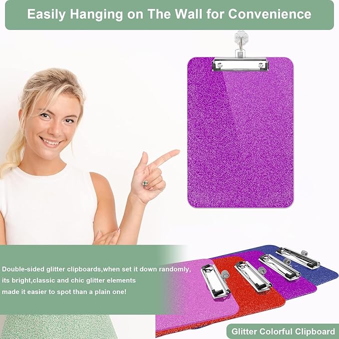 1 Pcs Clear Glitter Clipboards, Plastic Clipboard with Pen Holder,Size 8.85 x 12.4 in Shiny Clipboards with Low Profile Clip,Cute Hanging Clipboard for Office School Supplies Sparkly Clip board-Violet