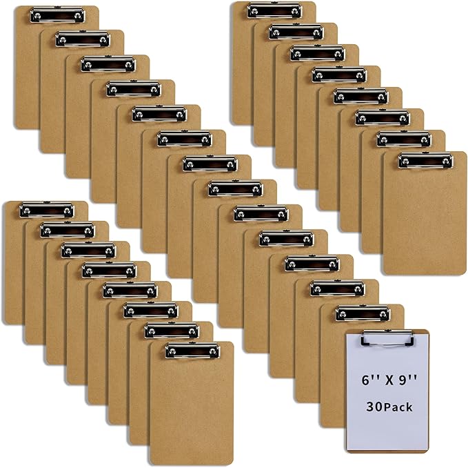 Binditek 30 Pack Mini Clipboards, Eco-Friendly Wood Hardboard with Low Profile Clip, 6 x 9 Inches Small Clipboards for Home, Office, School Classroom Supplies, Brown