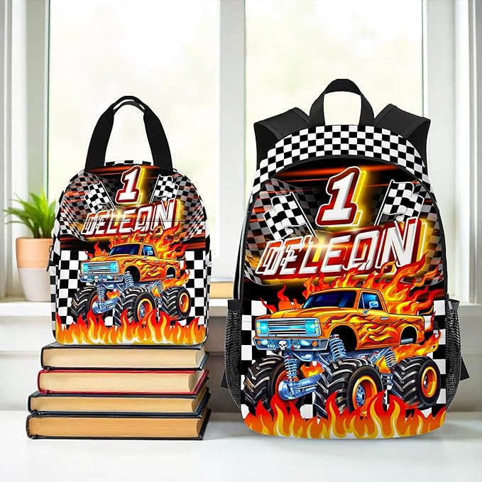 Custom Kids Truck Backpack with Lunch Box Personalized Name Bookbag for Boys Back to School Backpacks for Elementary Middle School
