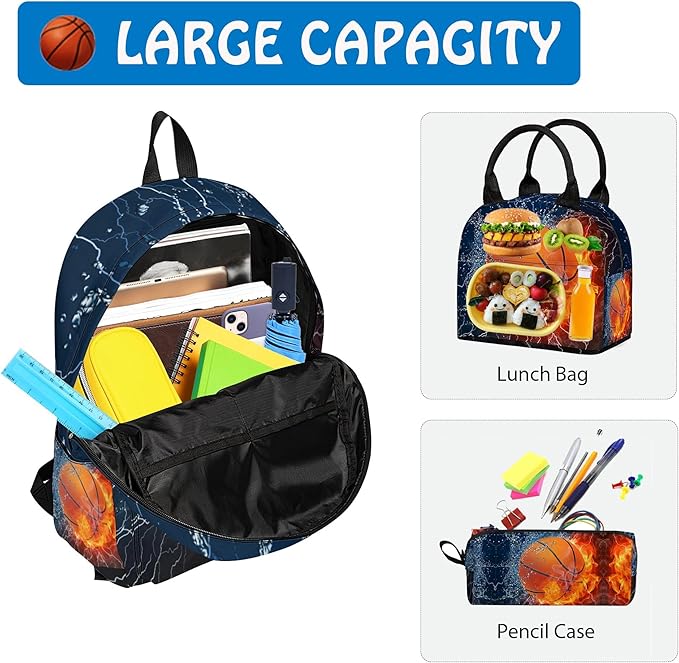 3PCS Backpack for Boys Girls, Kids Basketball Back to School Backpack Sets with Lunch Bag Pencil Case, 17 Inch Lightweight Bookpack 3 in 1 Set for Teens Elementary Middle High School Students