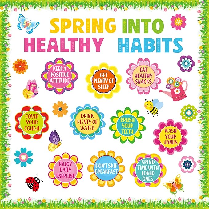 Epakh Spring Health Bulletin Board Decorations Set Spring Flowers Classroom Decor Flower Bee Butterfly Accents Paper Cutouts for Door Wall School Spring Theme Party Supplies(Healthy Habits)