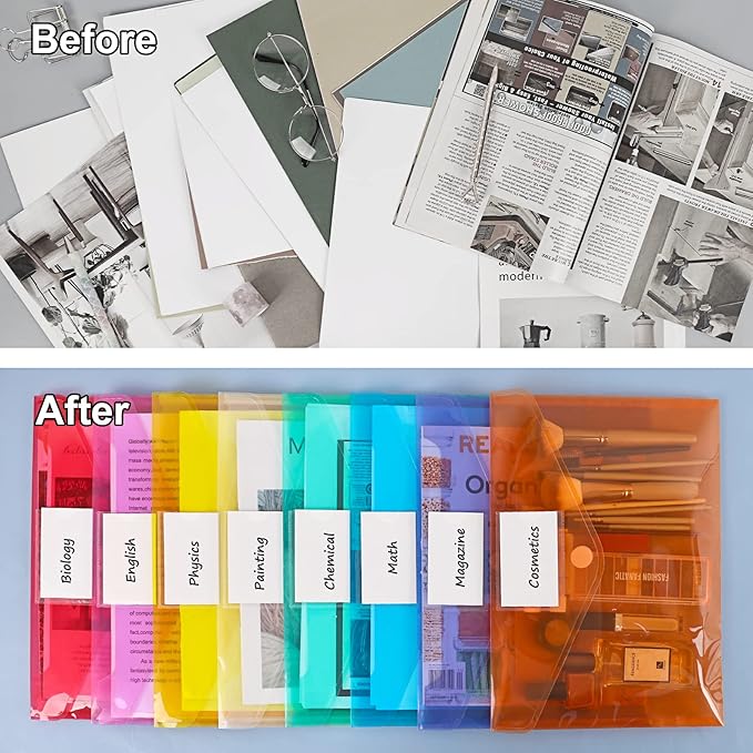 EOOUT 45 Pack Plastic Envelopes Poly Envelopes, Clear Document File Folders with Hook & Loop Closure, A4 Size with Label Pocket for School Home Work Office Organization, 8 Colors