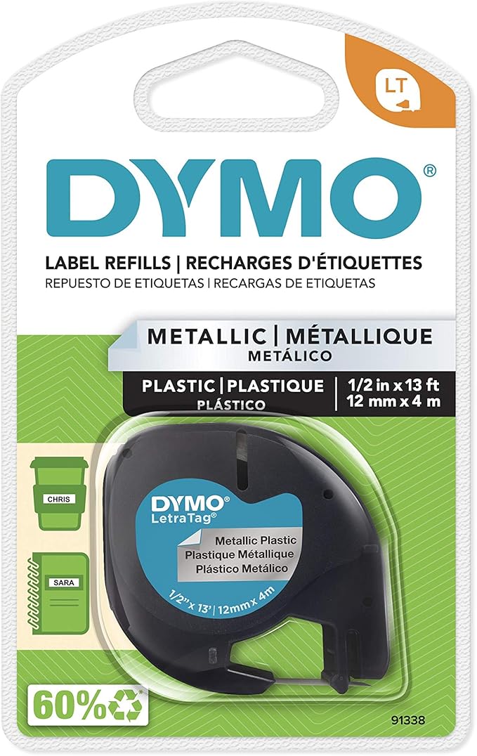 DYMO LetraTag Labeling Tape for LetraTag Label Makers, Black print on Metallic Silver tape, 1/2'' W x 13' L