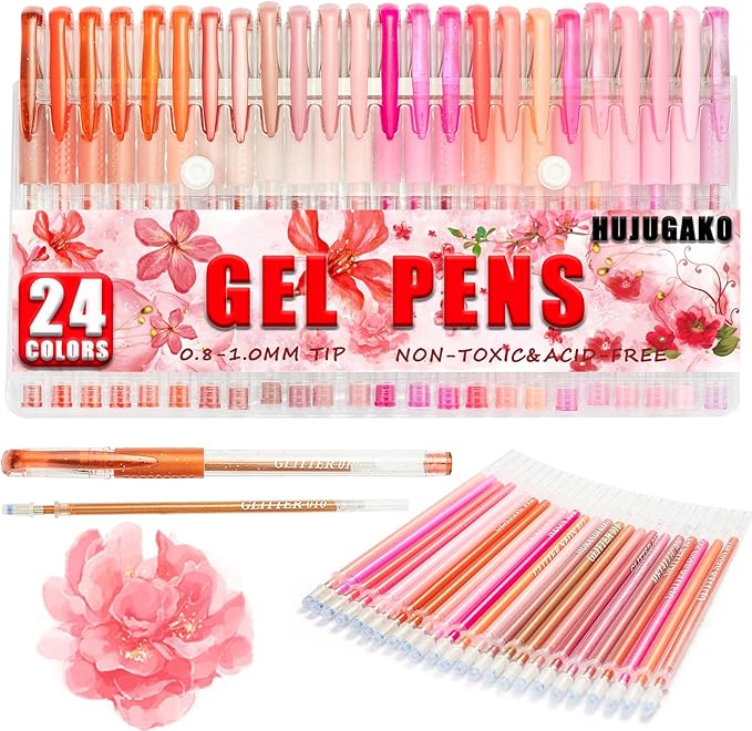 48 Pack Red Pink Gel Pens, 24 Colored Gel Pen with 24 Refills,40% More Ink Write Smooth for Adults Coloring Books Drawing Doodling Scrapbooks Bullet Journaling