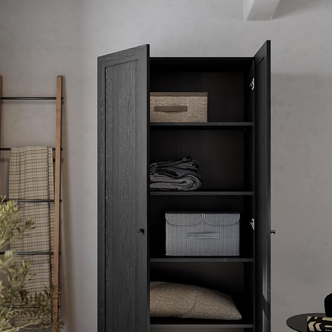 Prepac Yaletown 72" Tall Storage Cabinet with Wood Legs, Pantry Cabinet with 3 Adjustable Shelves, Bathroom, Kitchen and Home Organization in Black Oak, 16" D x 32" W x 72" H