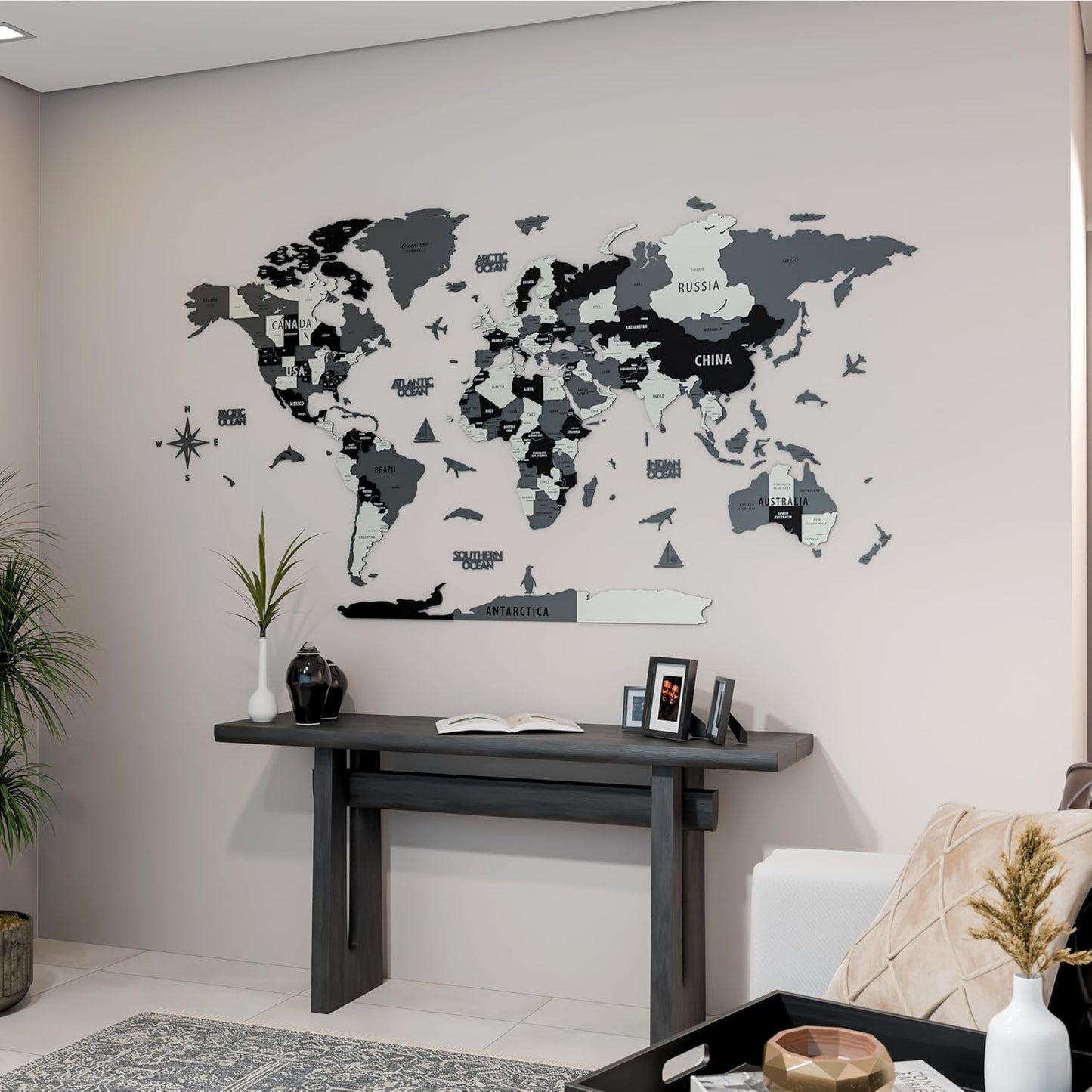 Colorfull Worlds 3D Wooden World Map Wall Art | Unique Wall Decor with Pins for Travel Enthusiasts | Home and Office Wall Décor | Grey | XXLarge