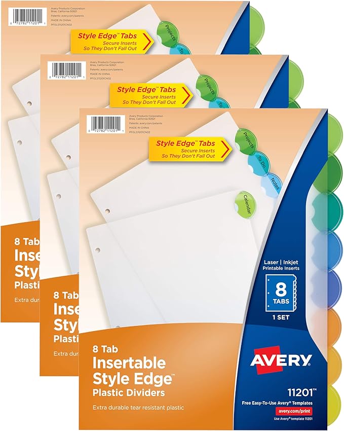 Avery Insertable Style Edge Plastic Dividers for 3 Ring Binders, 8-Tab Set, Multicolor, 1 Set (11201) (Pack of 3)