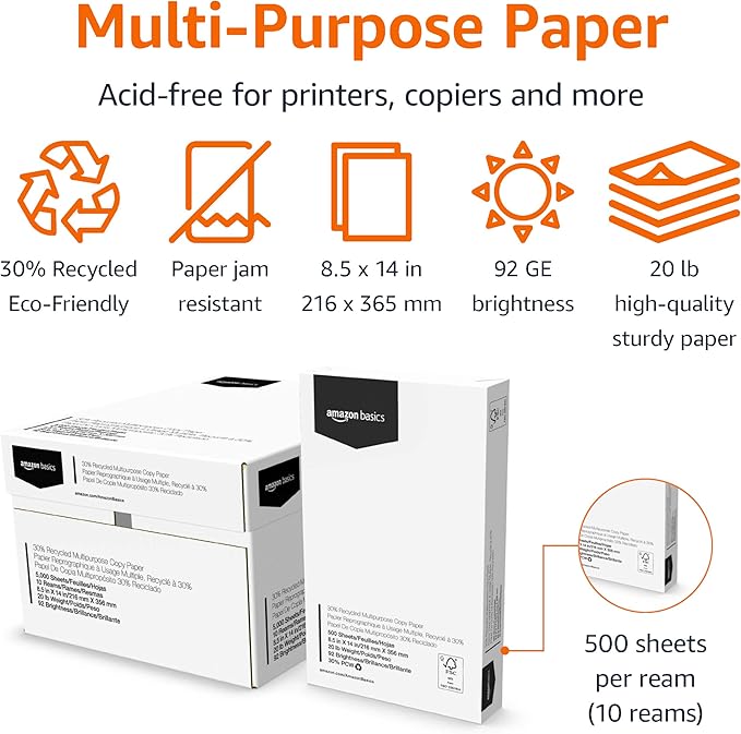 Amazon Basics 30% Recycled Multipurpose Copy & Print Paper, 8.5 x 14 in, 20 lb Weight, 92 Bright, White, 5000 Sheets (10 Reams)
