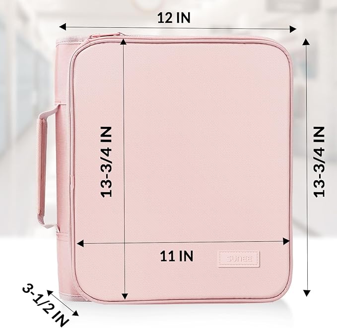 SUNEE Zippered Binder Bag with Handle, 2-Inch 3-Ring O-Ring, 500-Sheet Capacity, Includes Zip Pocket, 5-Tab Expanding File Folder, Multi-Pocket Organizer Binder for Middle School, Pink Lotus