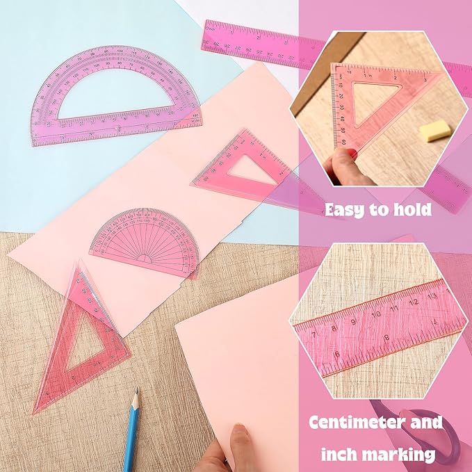 Tenare 1 Set Plastic Clear Math Set Includes Protractor Triangle Rulers 12 Inch 6 Inch Straight Geometry Math Transparent Ruler Measuring Tool for School Office Home Supplies(Pink)