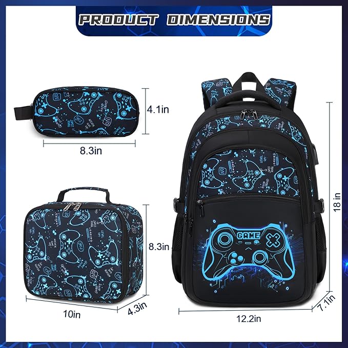 Boys Backpack for School, 3PCS Cool Luminous Gamer Backpack for Boys with Lunch Box Pencil Case, Kids Backpacks Bookbag for Teen Boy Elementary Middle High School with USB Charging Port