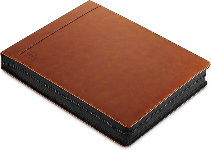 Inkline 7 Ring Check Binder Portfolio -Professional PU Leather Binder with Zippered Closure -500 Check Capacity -9x13 Inch Sheets -Document & Card Organizer -Large Tablet Pocket - Brown (80006)