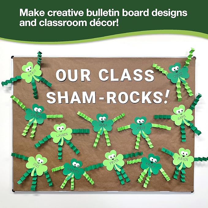 FreshCut Crafts 140 Piece Shamrock Cutouts Set: Pre-Cut Green Irish Clover Shapes for School Supplies, Decorating Themed Events Bulletin Board & St. Patrick's Day Decor, US Made Quality Card Stock