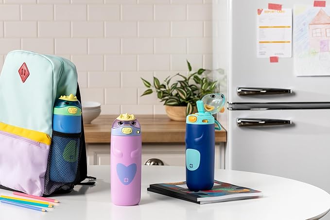 Ello Ellies 12oz Vacuum Insulated Stainless Steel Kids Water Bottle with Straw & Built-in Carrying Handle & Leak-Proof Locking Lid for School Backpack, Lunchbox and Outdoor Sports, Cat (Pack of 6)
