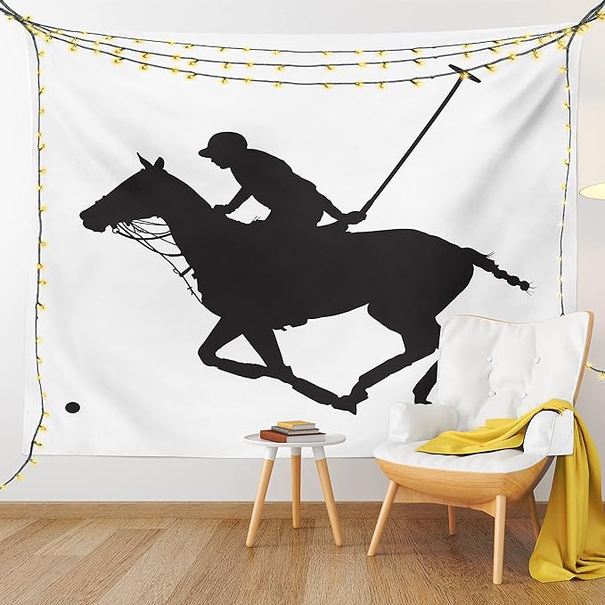 Ambesonne Sports Tapestry, Silhouette Illustration of Polo Player on a Horse Hitting a Ball Print, Fabric Wall Hanging Decor for Bedroom Living Room Dorm, 28" X 23", Charcoal Grey